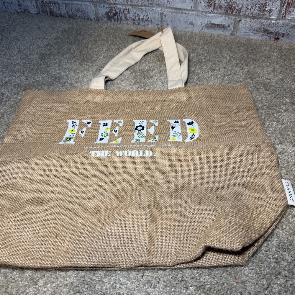 FEED For Clarins Burlap Large Tote Bag floral design NWT